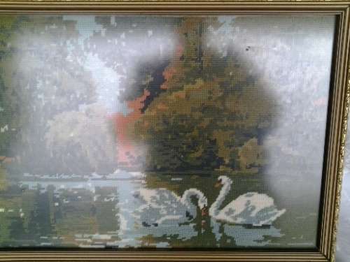 framed behind glass stunning swan scene tapestry