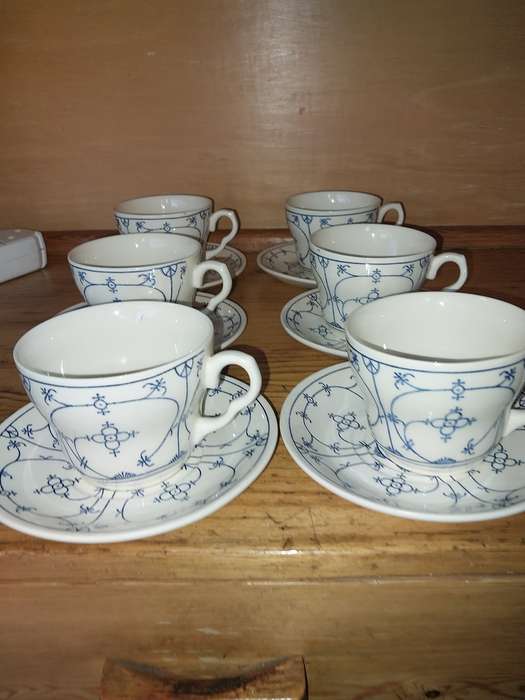 Set of six blue and white made in England tea cup duos