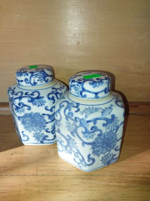 A pair of blue and white small ginger jars