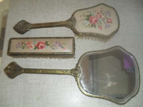 * #FILIGREE METAL HANDLE ANTIQUE DRESSING TABLE SET- Mirror, Brush Clothes brush.