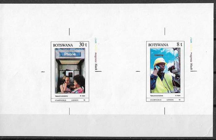Botswana variety London Stamp Exhibition 1990, 2x imperforated stamps master proof SG693 and SG695.