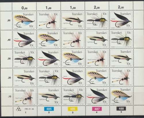 1982 - TRANSKEI  -   FISHING FLIES 10c   FULL SHEET FINE UNMOUNTED MINT.