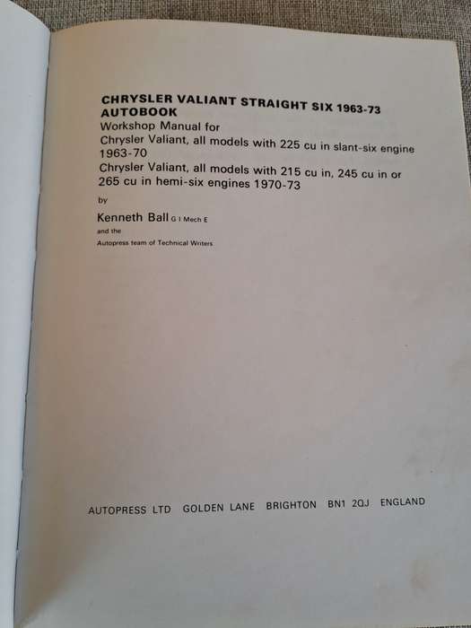 Chrysler Valiant Straight Six Workshop Manual 1963-73 - Autopress