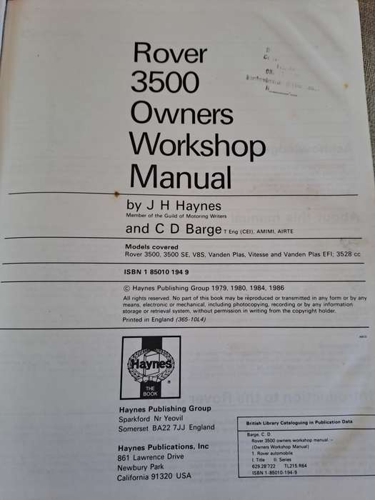Rover 3500 V8  1976 to 1985 Owners Workshop Manual - Haynes