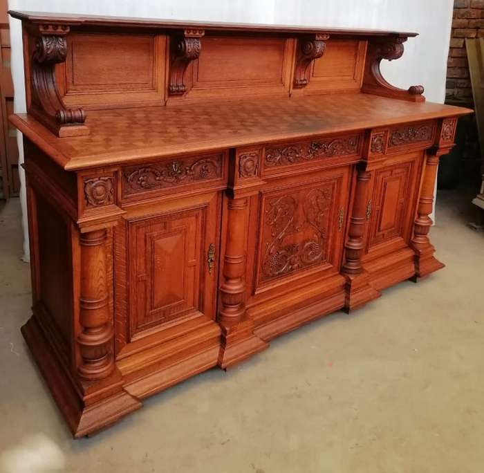 Three Door  Solid Oak Carved Renaissance Sideboard/Server with Parquetry inlay