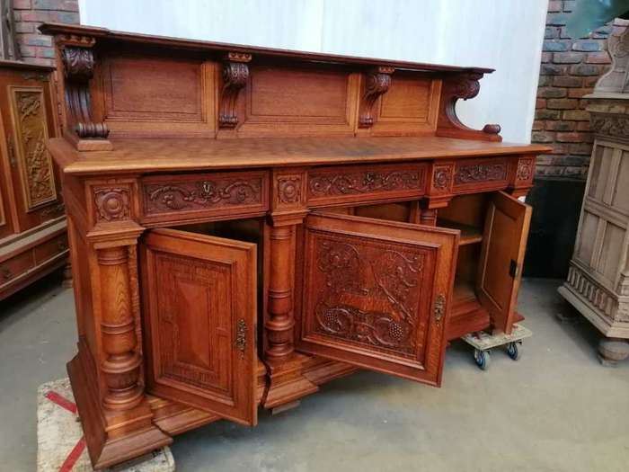 Three Door  Solid Oak Carved Renaissance Sideboard/Server with Parquetry inlay
