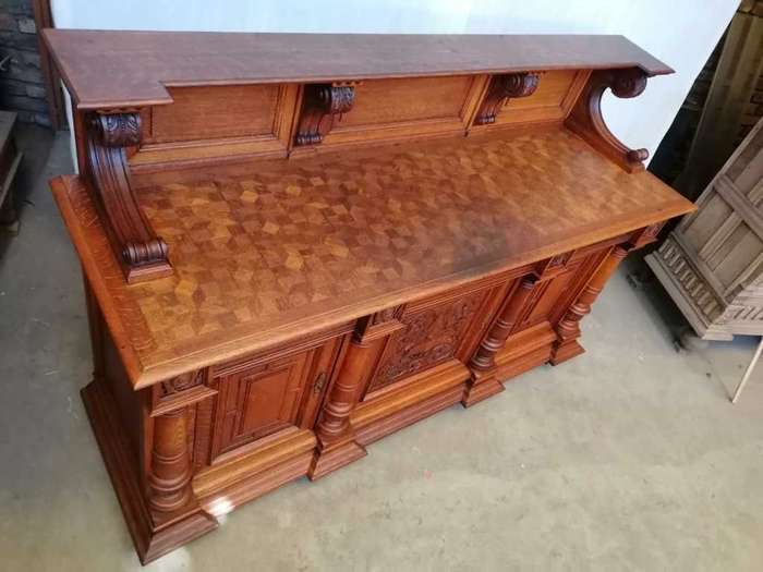 Three Door  Solid Oak Carved Renaissance Sideboard/Server with Parquetry inlay