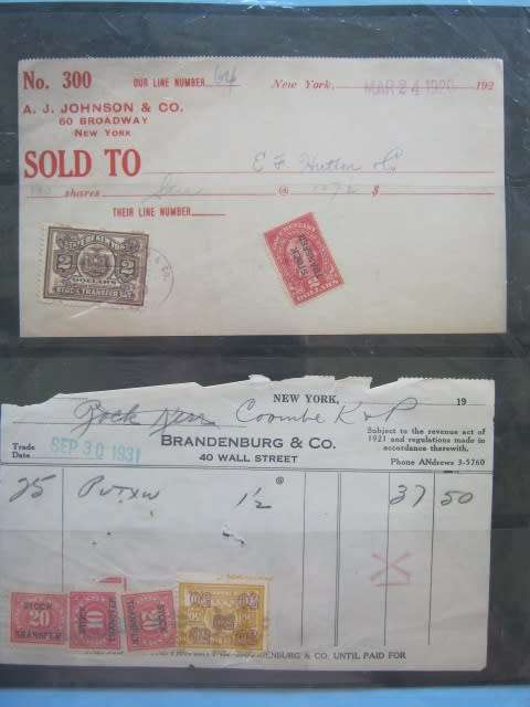 THEMATICS - USA - Selection of Wall Street Stock Transfer Receipts with Stamps
