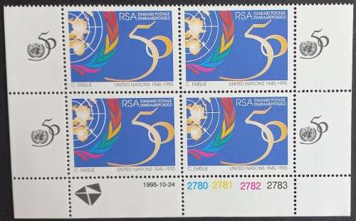 RSA - 1995 50 Years of United Nations - Control Block of 4 MNH