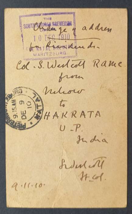 INDIA - POSTAL HISTORY - 1910 `CHANGE OF ADDRESS` CARD - INDIA TO PIETERMARITZBURG