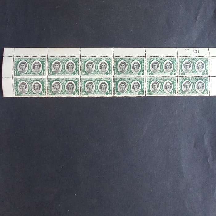 Southern Rhodesia - 1947 Royal Visit - 1/2d Green - Block of 12 with sheet number - Unused