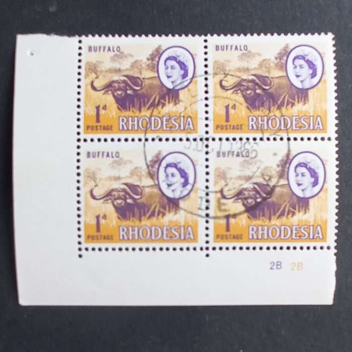 Rhodesia - 1966 Defin Issue `2nd Printing` - 1d Buffalo - Control Block of 4 - Used