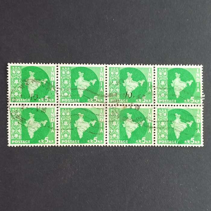 India - 1957 Defin Issue `Map of India` - 5np Green - Block of 8 - Used