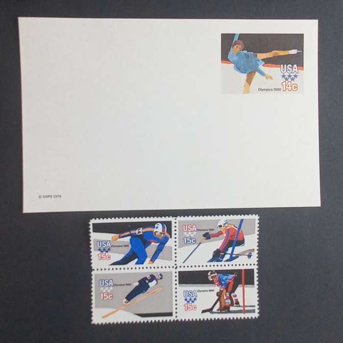 USA - 1980 Winter Olympics - Unused Postcard + Setenant Block of 4 (MNH)