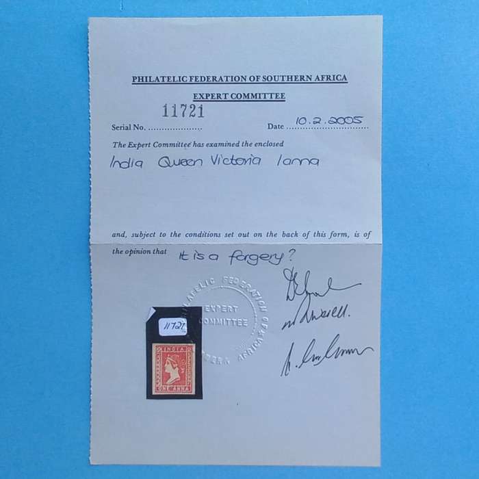 India - 1855 1a Red, Imperforate, Frame 8, SG15 - Unused and Ungummed - with PFSA Certificate
