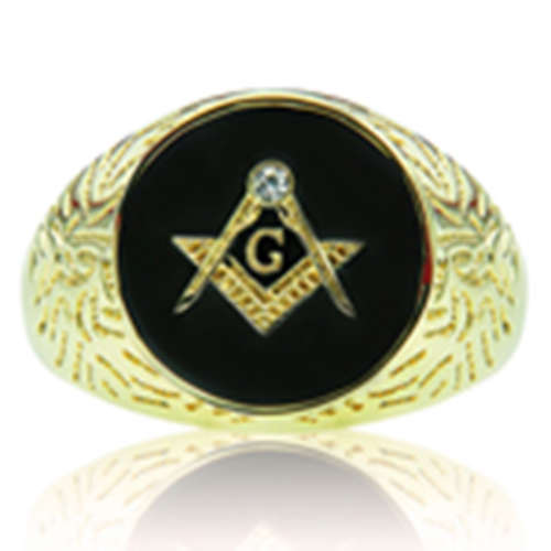 FREEMASON MASONIC AUSTRALIAN IMPORT RING WITH EP GOLD PLATED SIM DIAMONDS ON BLACK STONE  SIZE 12