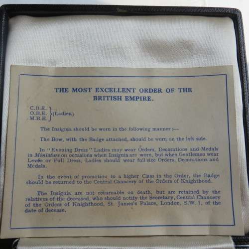 BOXED FULL SIZE MBE BREAST MEDAL TO MISS G.B. SOAMES-GOOD CONDITION