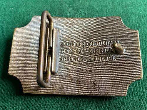 BELT BUCKLE-SOUTH AFRICAN MILITARY MGL 40MM SIX SHOT GRENADE LAUNCHER-MEASURES 80X50 MM