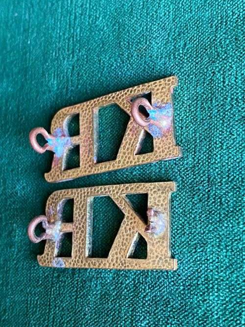 KIMBERLEY REGIMENT BRASS TITLE PAIR-WORN 1920`S-1950`S-ONE LUG MISSING
