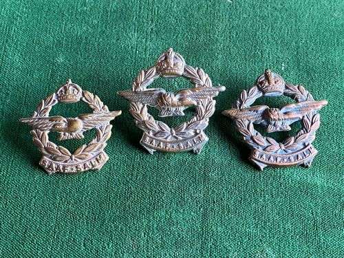 SAAF COLLAR BADGES-3 VARIATIONS 1X BRONZE,1X BRASS AND ONE WHITE METAL-LUGS COMPLETE