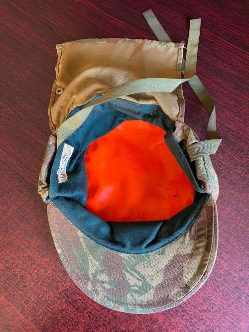 POLICE TASK FORCE,2ND PATTERN CAMO FLAP CAP-GLOW IN THE DARK INNER-SIZE 58-VERY GOOD CONDITION,WITHO