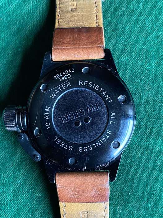 TW STEEL BLACKMENS WATCH,WITH BROWN LEATHER STRAP-CASE SIZE 45M-PERFECT WORKING CONDITION