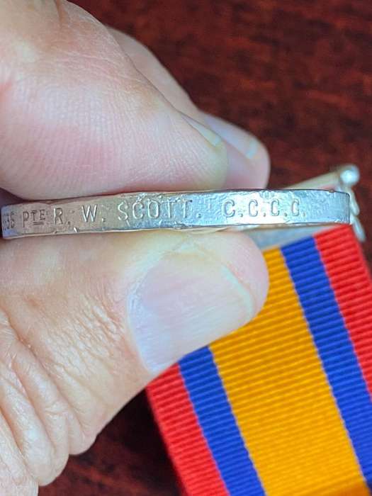 FULL SIZE BOER WAR QSA WITH CAPE COLONY BAR-AWARDED TO 23836 PTE. R.W. SCOTT CCCC CAPE COLONY CYCLE