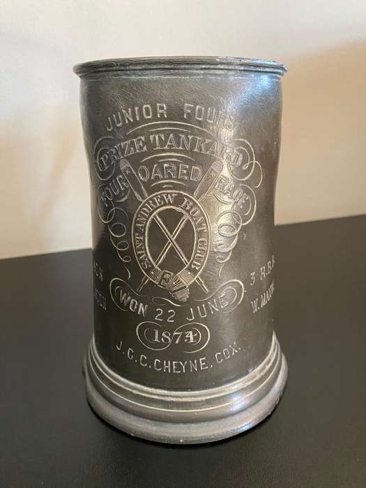 LARGE PEWTER TANKARD (GLASS BOTTOM)GIVEN AS A TROPHY-JUNIOR FOURS,FOUR OARED RACE-DATED 1874-PLEASE