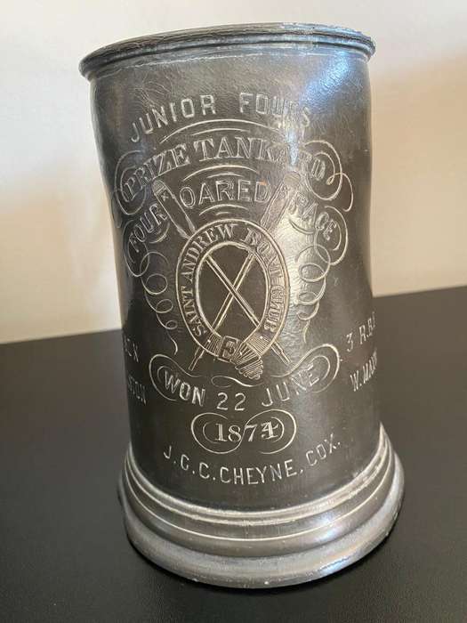 LARGE PEWTER TANKARD (GLASS BOTTOM)GIVEN AS A TROPHY-JUNIOR FOURS,FOUR OARED RACE-DATED 1874-PLEASE