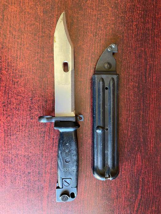 East German AK74 Bayonet with Scabbard - Steel pommel, matching