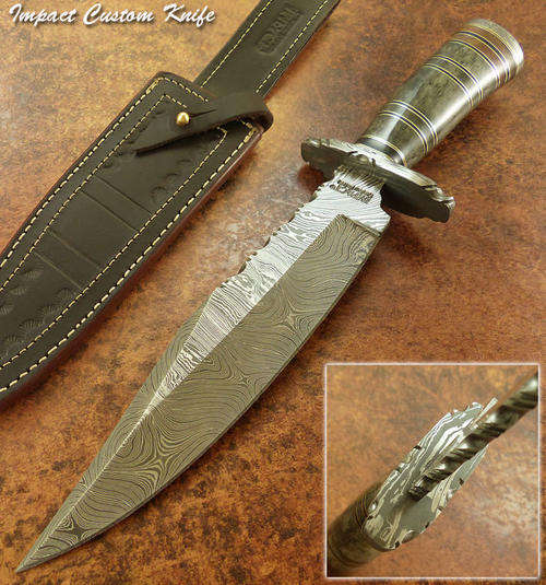 HAND-MADE-BY-IMPACT-CUTLERY-RARE-CUSTOM-DAMASCUS-BOWIE-KNIFE-CAMEL-BONE  H