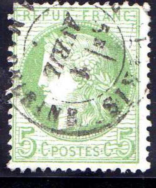 FRANCE 1870 "CERES" 5c GREEN. FINE USED. SG 192. CAT 13 POUNDS.