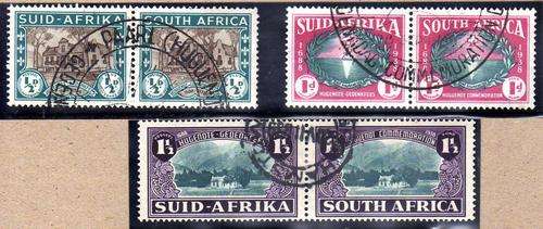 SOUTH AFRICA 1939 HUGUENOT 250TH ANNIVERSARY SET OF 3 PAIRS V.F.USED. SACC 81-83. CAT R275.