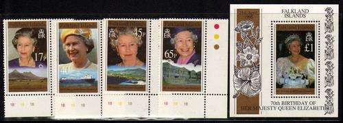 FALKLAND ISLANDS 1996 QE II 70th BIRTHDAY SET OF 4 AND M/S U.M.M. CAT 8,85 POUNDS.