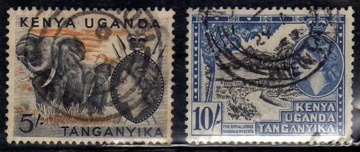 KENYA UGANDA TANGANYIKA 1954 DEFIN 5/- & 10/- FINE USED. SG 178+9. CAT 8 POUNDS.