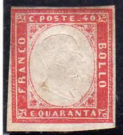 SARDINIA 1855 VICTOR EMMANUEL II 40c RED. MOUNTED MINT. IMPERF 4 MARGINS. SG 55. CAT 32 POUNDS.