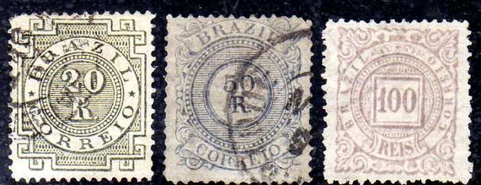 BRAZIL 1884 DEFIN 3 STAMPS 20R, 50R & 100R FINE USED. SG 78, 80 & 83. CAT 13 POUNDS.