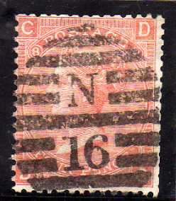 GREAT BRITAIN 1865-7 4d VERMILLION PLATE 8 GOOD USED. (SOME BLUNT PERFS) SG 94. CAT 90 GBP. (2018)