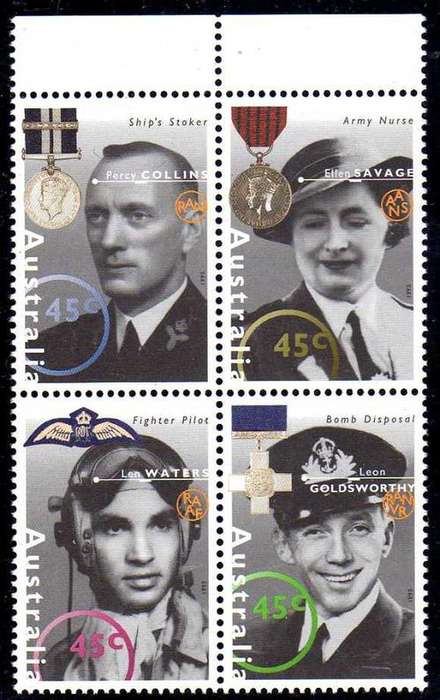 AUSTRALIA 1995 "2nd WORLD WAR HEROES" BLOCK OF 4 U.M.M. SG 1545-48. CAT 6 POUNDS.