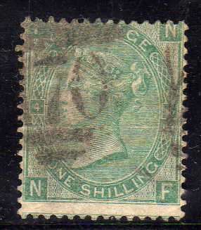 GREAT BRITAIN 1865-67 1/- GREEN W/MARK EMBLEMS PLATE 4 GOOD USED. SG 101. CAT 200 POUNDS.