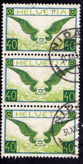 SWITZERLAND 1923 AIR 40c BLUE & GREEN STRIP OF 3 V.F.USED. SG 322a. CAT 360 POUNDS.