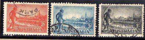 AUSTRALIA 1934 "CENT OF VICTORIA" SET OF 3 FINE USED. SG 147-9. CAT 25 POUNDS.