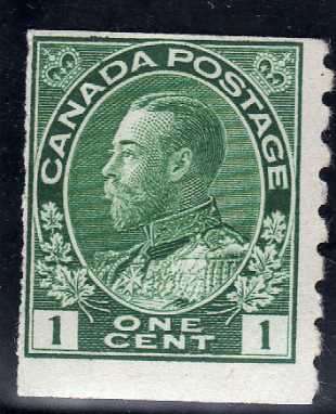 CANADA 1912 1c COIL STAMP YELLOW GREEN IMPERF x PERF 8 MINT NO GUM. SG 219. CAT 16 POUNDS.