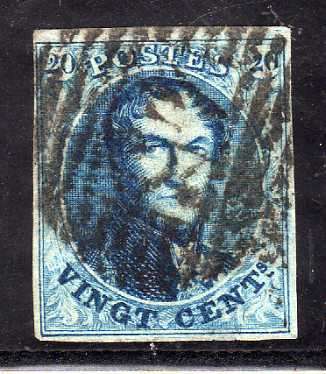BELGIUM 1861 DEFIN 20c BLUE 4 MARGINS GOOD USED (MINOR THIN AT BASE). SG 14. CAT 11,50.