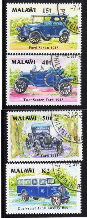 MALAWI 1990 "VINTAGE VEHICLES" SET OF 4 VFU. SG 833-6. CAT 12 POUNDS.