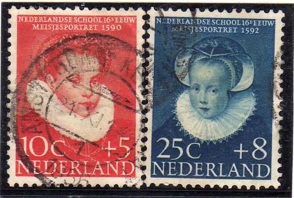 NETHERLANDS 1956 "CHILD WELFARE" 10 + 5c AND 25c + 8c VFU. SG 841 + 842. CAT 9,70 POUNDS.