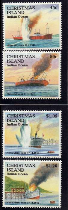 CHRISTMAS ISLAND 1992 "50th ANNIV SINKING OF EIDSVOLD" SET OF 4 U.M.M. SG 362-5. CAT 13,25 POUNDS.