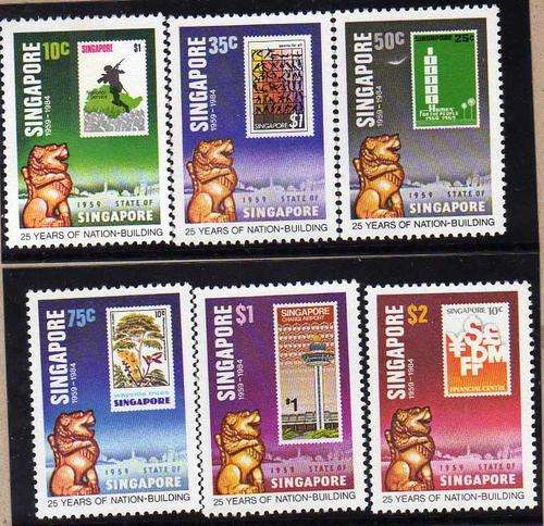 SINGAPORE 1984 "STAMPS ON STAMPS" SET OF 6 PLUS MINI SHEET UMM. SG 475-481. CAT 10,15 POUNDS.