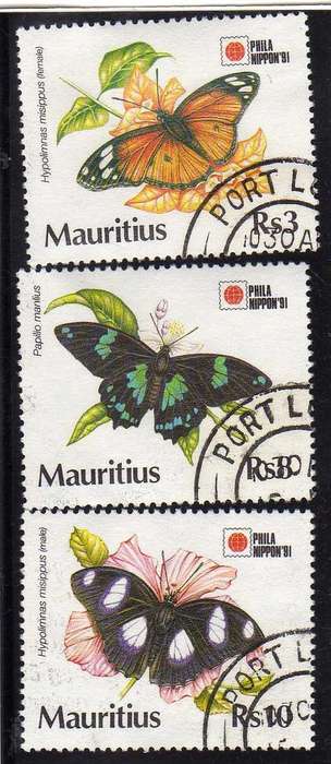 MAURITIUS 1993 "BUTTERFLIES" PART SET OF 3 (NO 40c) VFU. SG 856-58. CAT 10,25 POUNDS.
