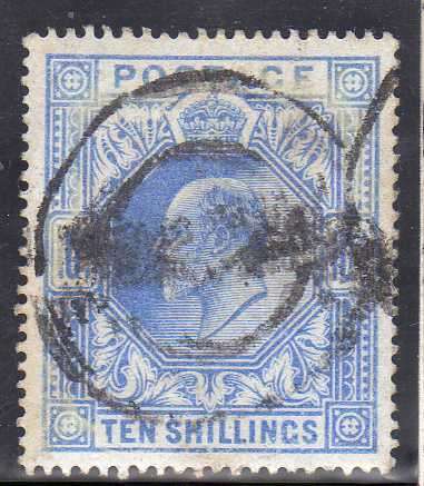 GREAT BRITAIN 1902 10/- ULTRAMARINE FINE USED BUT SURFACE STAINED. SG 265. CAT 450 POUNDS.